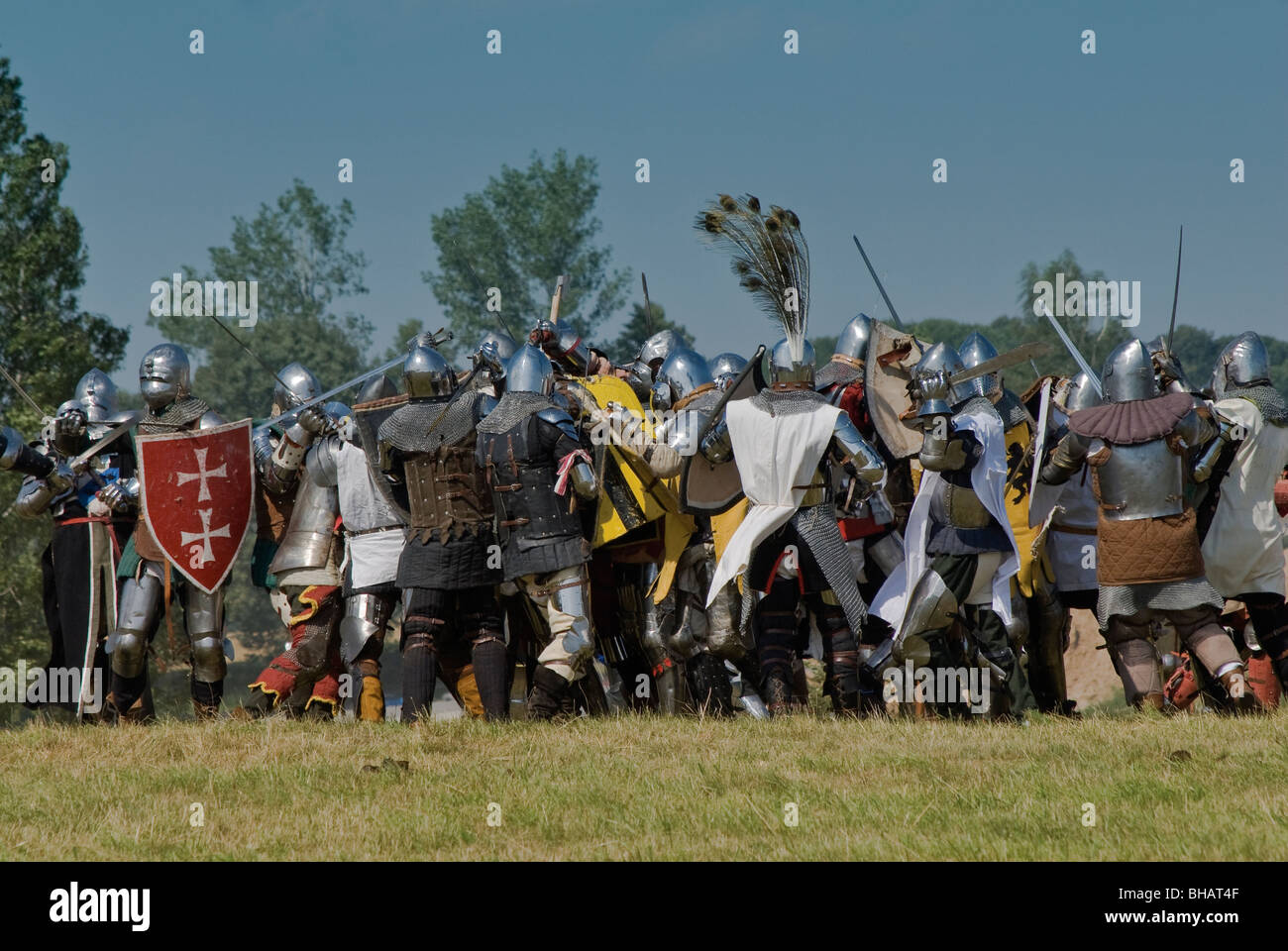 Reenactors at Battle of Grunwald of 1410 in Warminsko-Mazurskie province, Poland Stock Photo