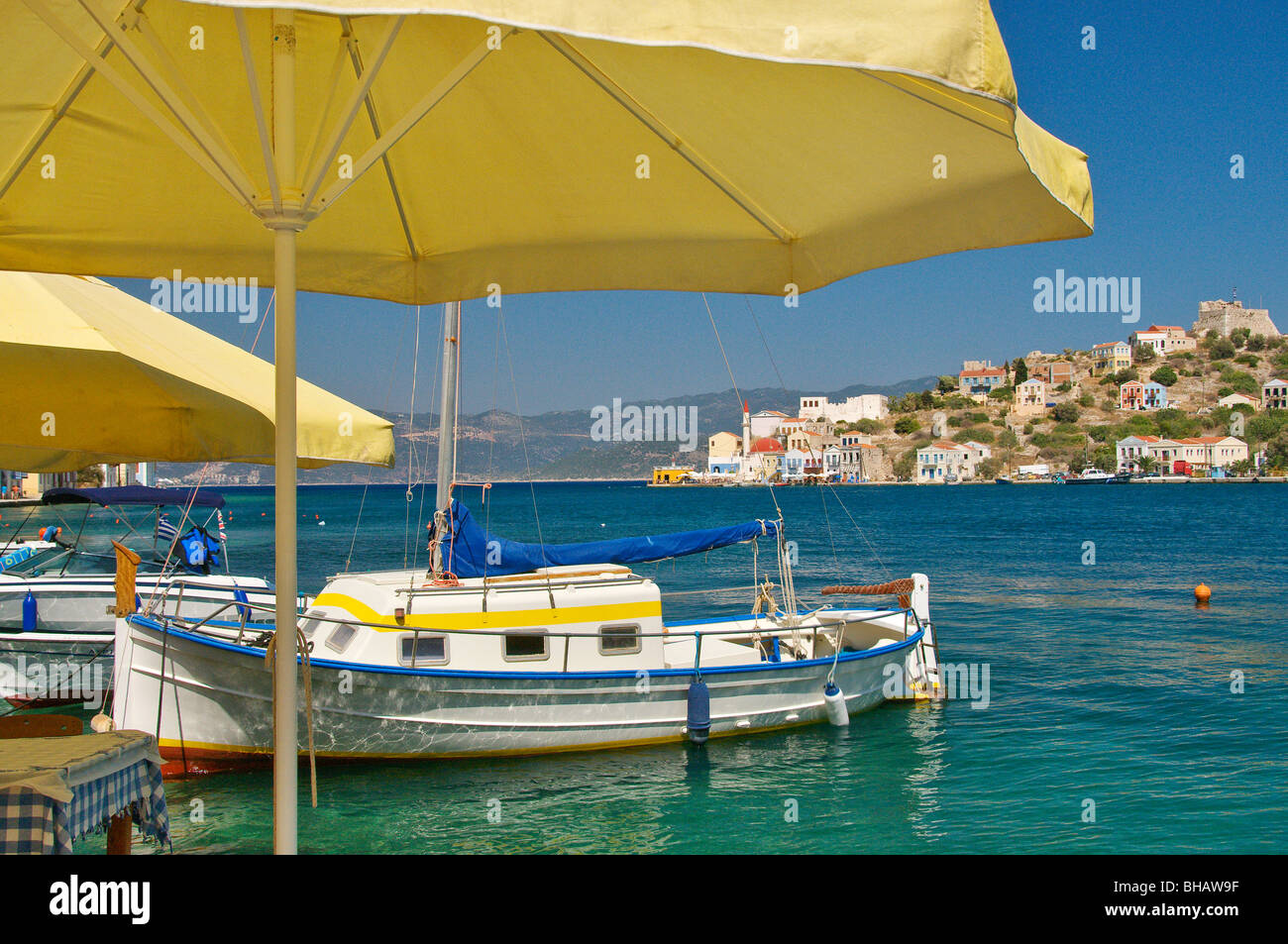 Kastellorizo Town , Fishing Boat and Umbrellas, Island of Megisti,  Dodecanese , Greece Stock Photo - Alamy