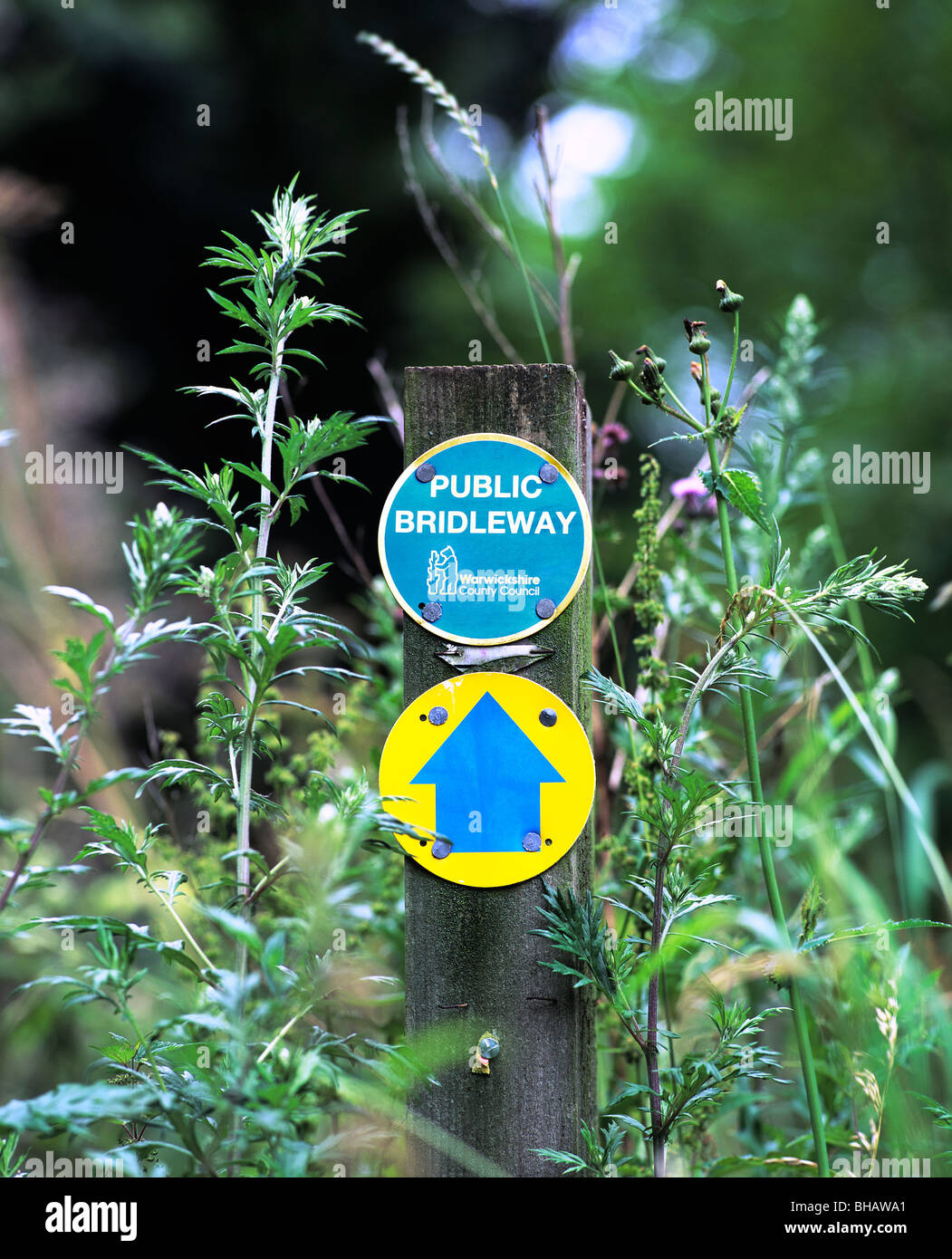 A bridleway sign on an overgrown footpath in the countryside near Rugby, Warwickshire. Stock Photo