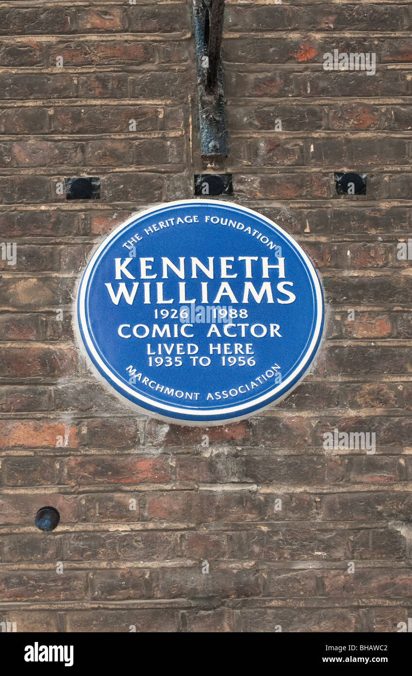 Blue Plaque to honour the British Comedian Kenneth Williams at his childhood home in Marchmont Street in London Stock Photo