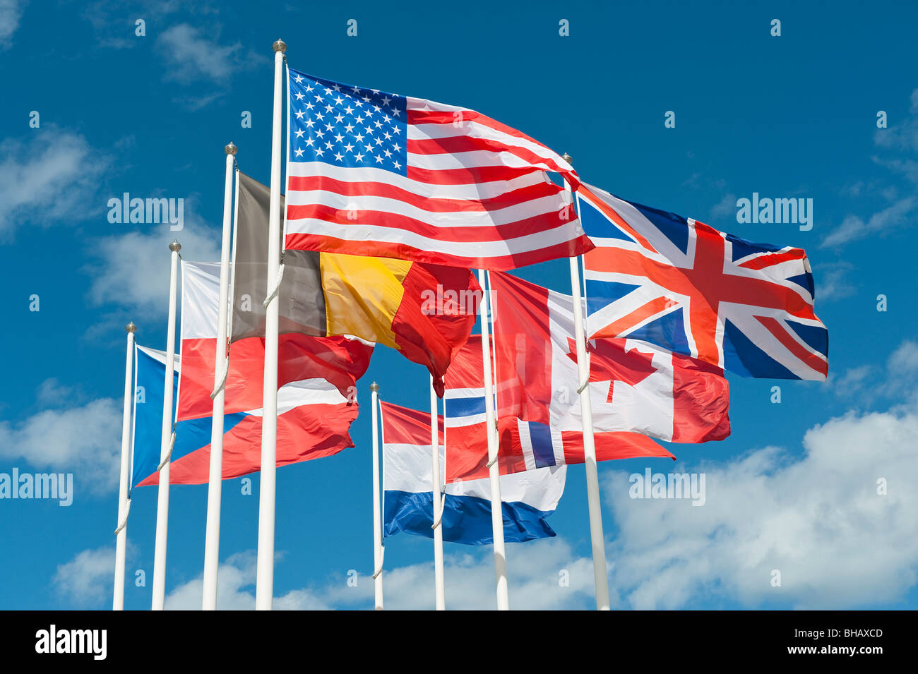 Allied Flags from World War II Operation Overlord, Arromanches-les-Bains, Normandy, France Stock Photo