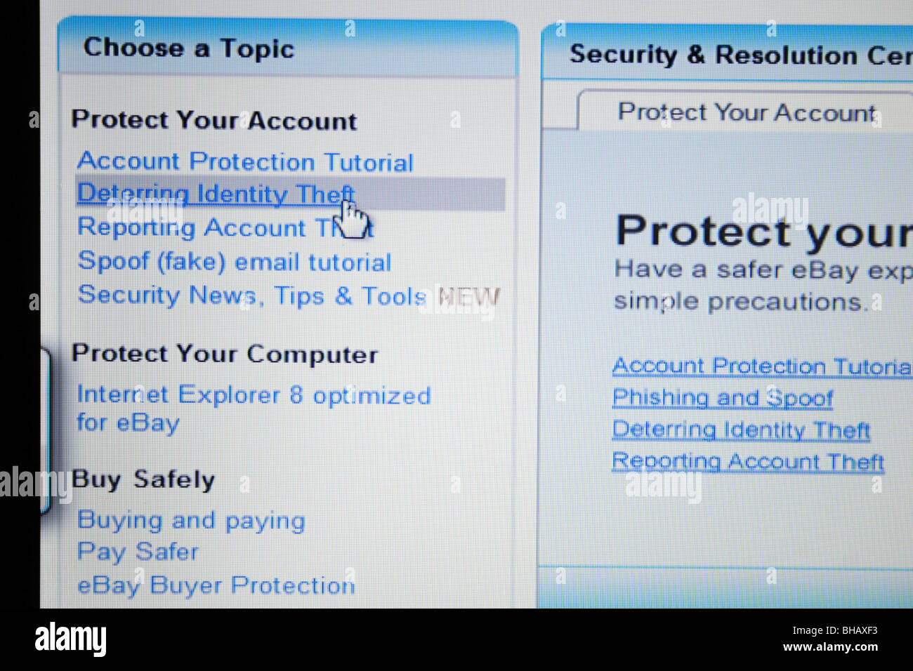 Ebay website page explaining Identity theft and phishing protection measures Stock Photo