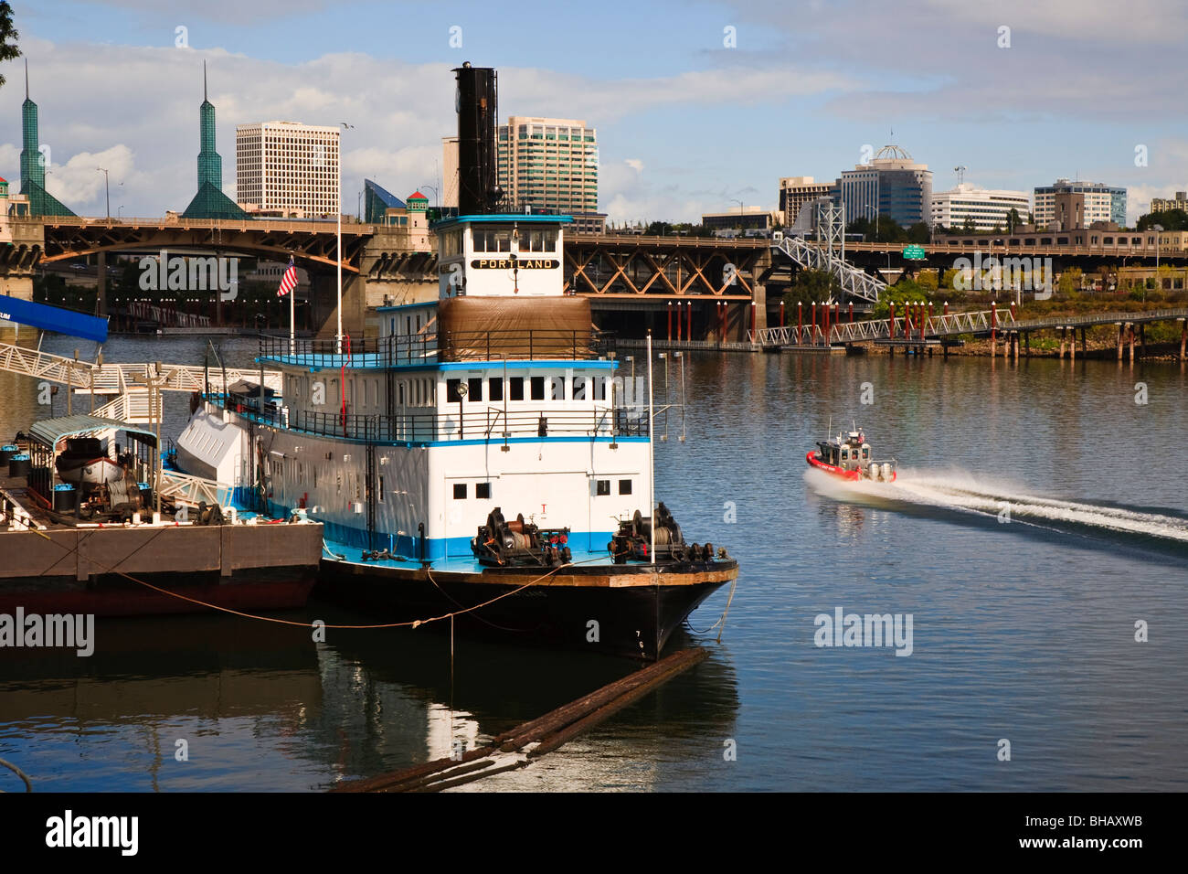 View of Willamette River and sternwheeler tugboat Portland, Oregon, USA Stock Photo