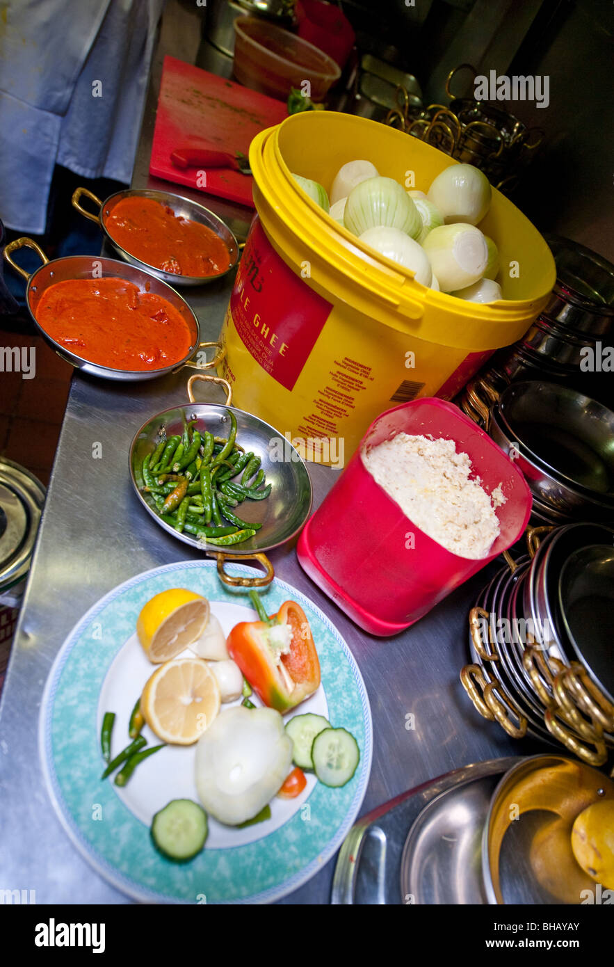 Ingredients ready for preparation of curries in the kitchen of an indian restaurant Stock Photo