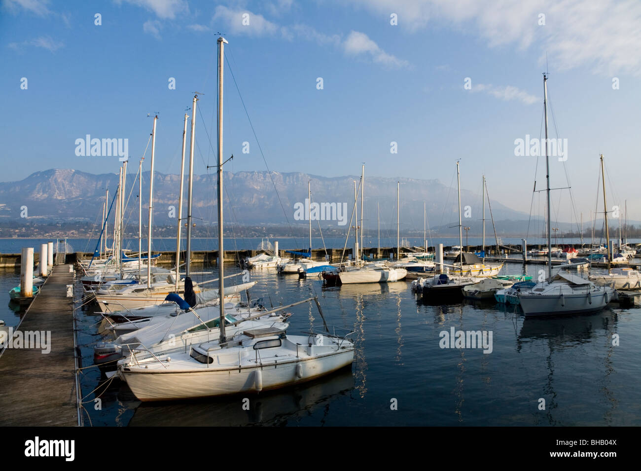 Yachts and boats moored in Bourget Du Lac marina, on Lake du Bourget