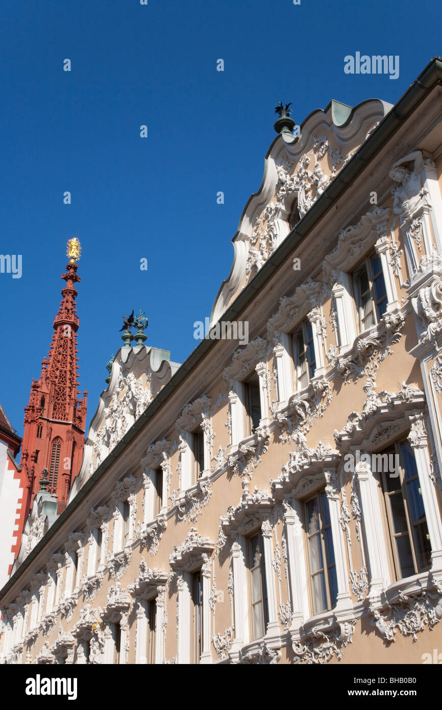 PLASTERED FACADE AT FALKENHAUS, HAUS ZUM FALKEN, STEEPLE MARIENKAPELLE CHAPEL, WURZBURG, FRANCONIA, BAVARIA, GERMANY Stock Photo