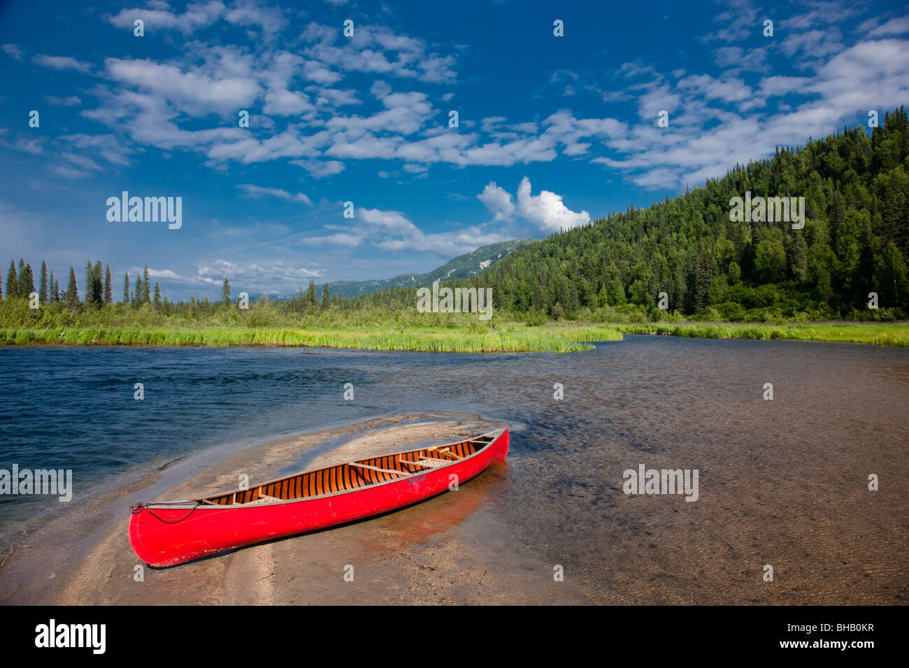 Red canoe on the shore of Byers Lake, Summer, Denali State Park, Southcentral Alaska Stock Photo