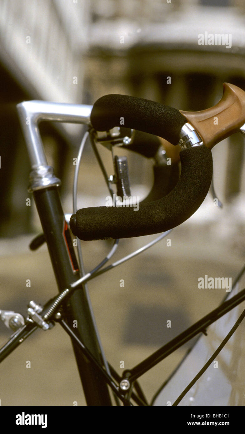 Close up of handle bars on folding bike Stock Photo