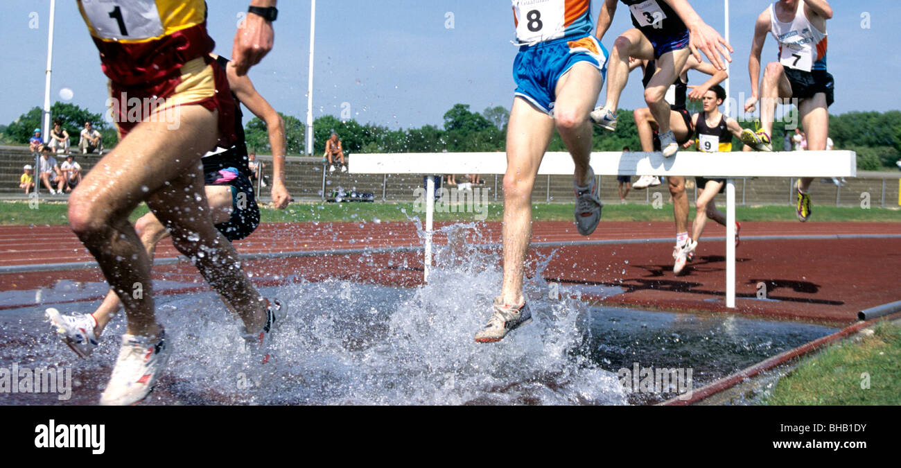 Group of male runners jumping over hurdles during a steeplechase Stock Photo