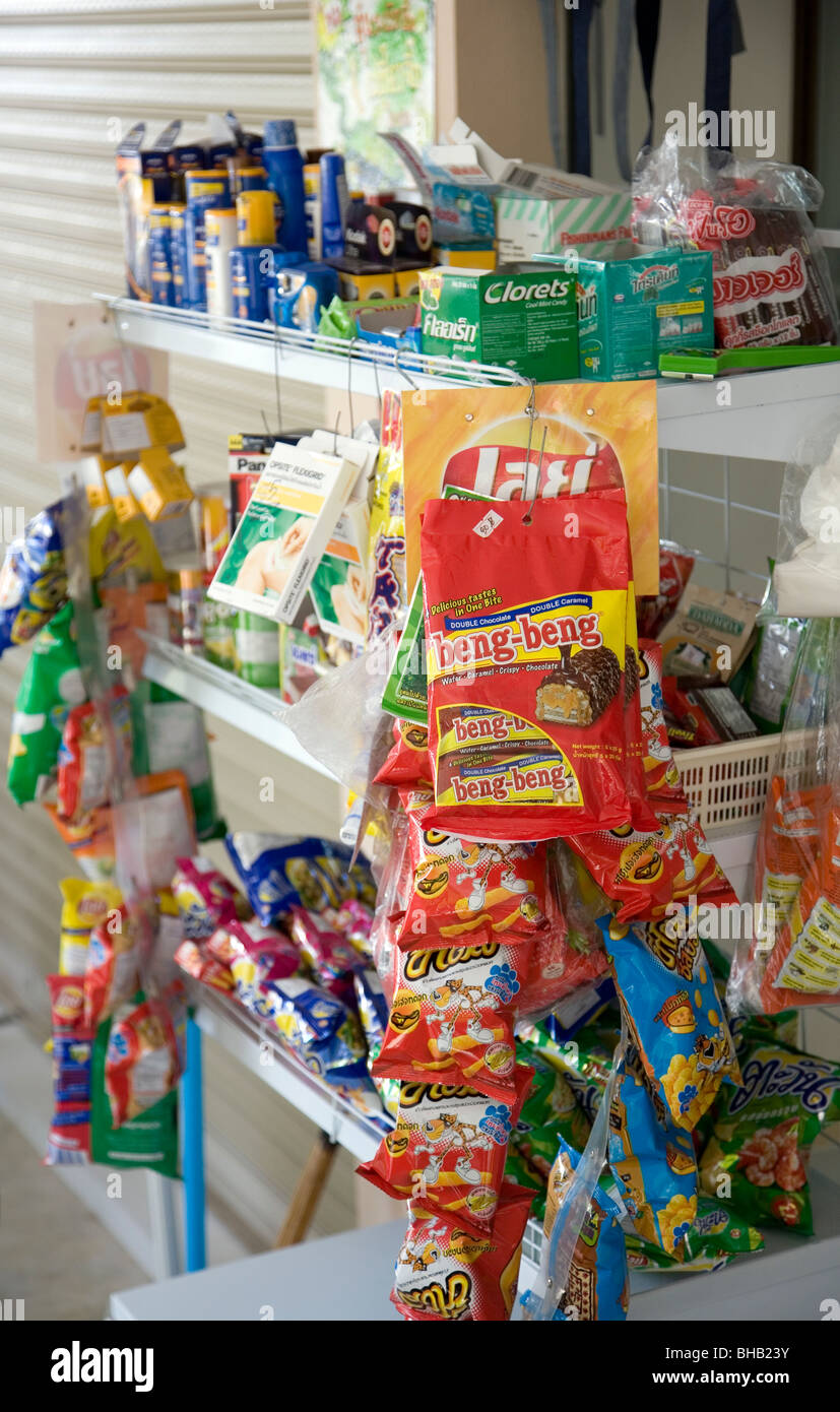 Stand selling junk food and goods Stock Photo