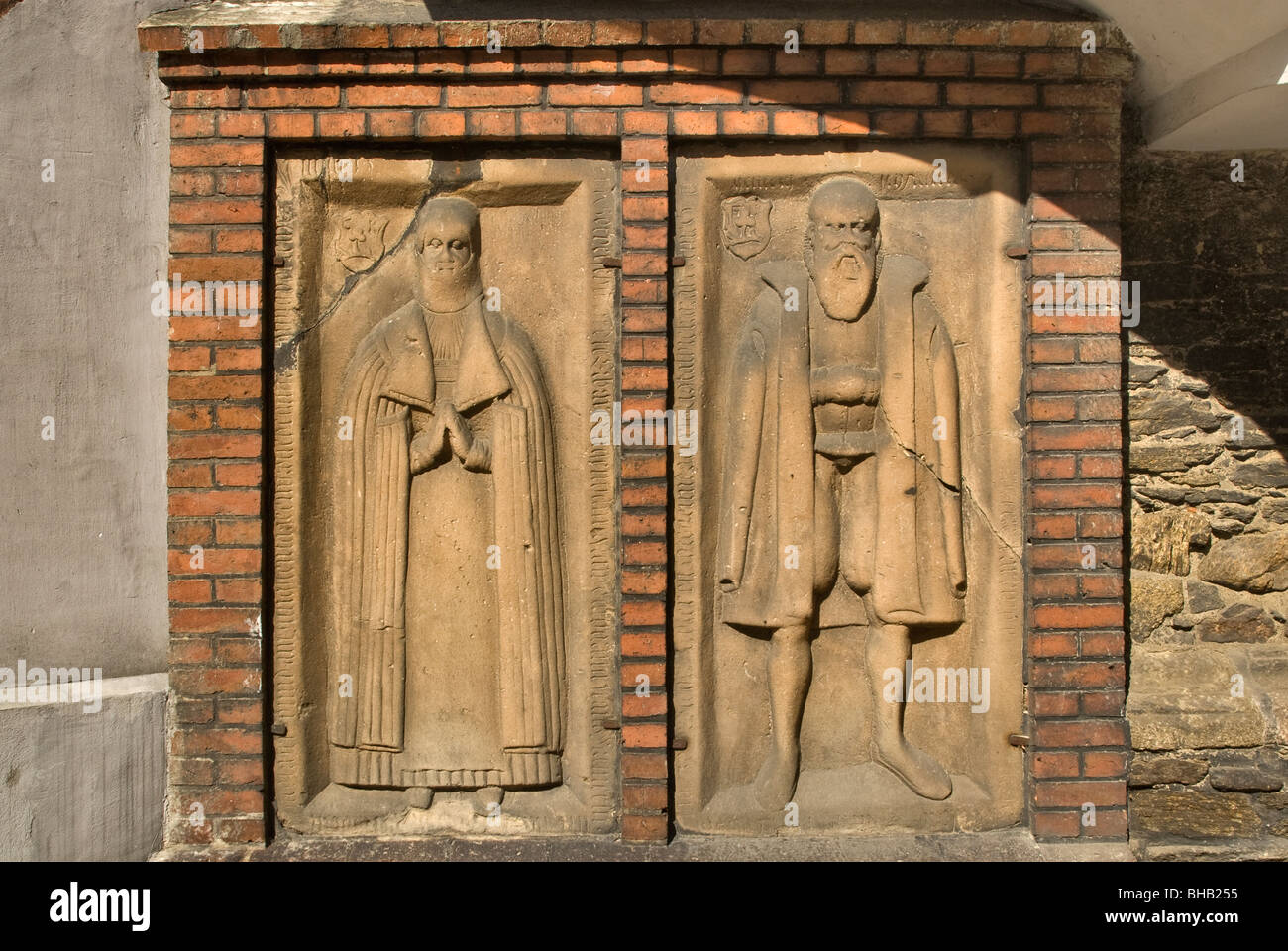 Epitaphs on wall of John the Evangelist Church in Paczków, Opolskie, Poland Stock Photo