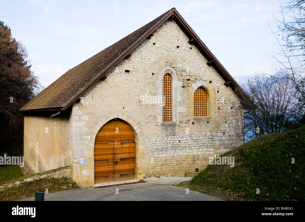 Boat house at Hautecombe Abbey in Saint-Pierre-de-Curtille near Aix-les-Bains in Savoy, France. Stock Photo