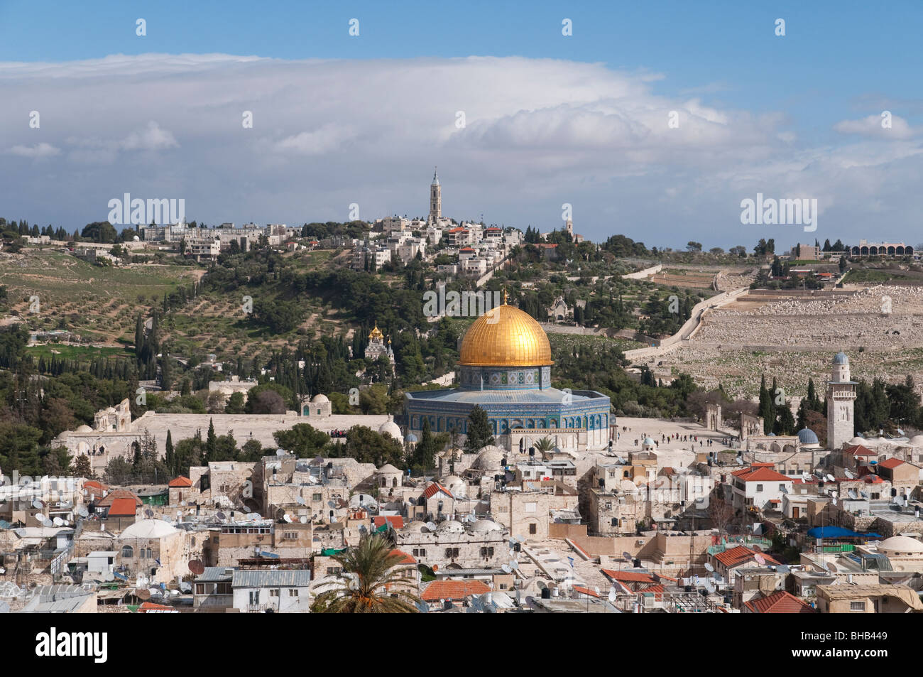 panoramic view of the dome of the rock with Old City of Jerusalem and mount of Olives Stock Photo