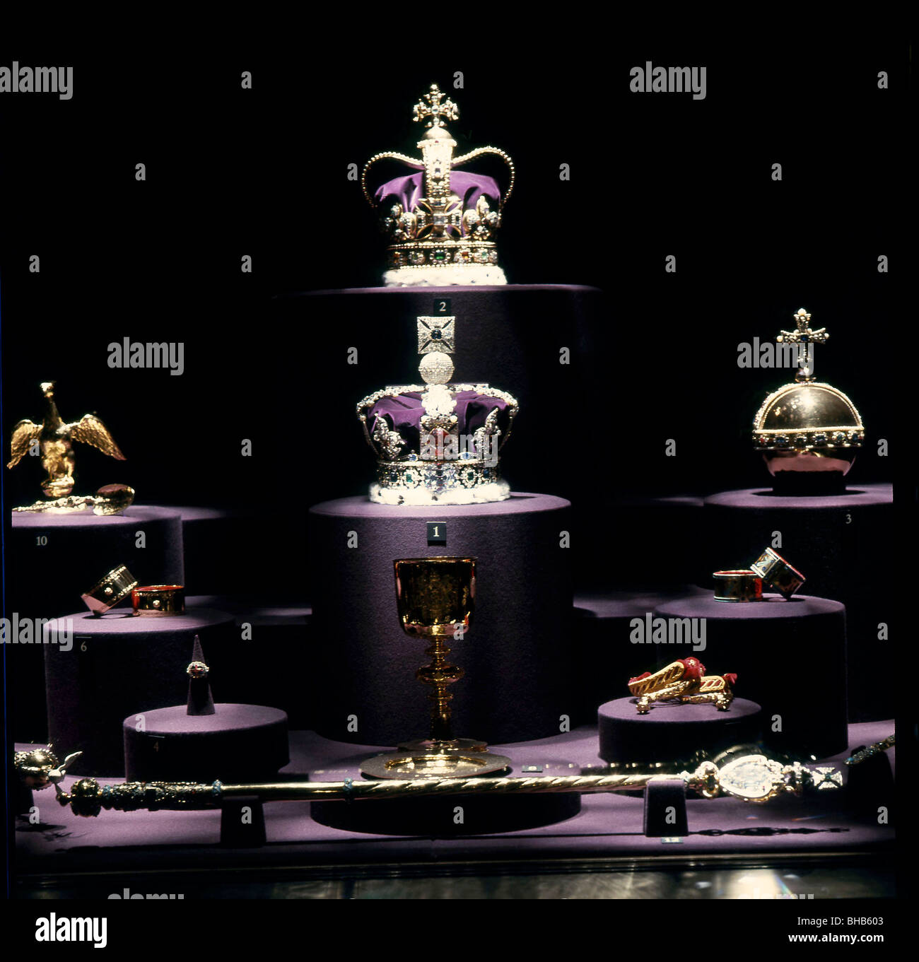 Tower of London,the Crown Jewels, St Edwards Crown top, the Imperial State  Crown, the Orb and the Sceptre, and other miscellany Stock Photo - Alamy