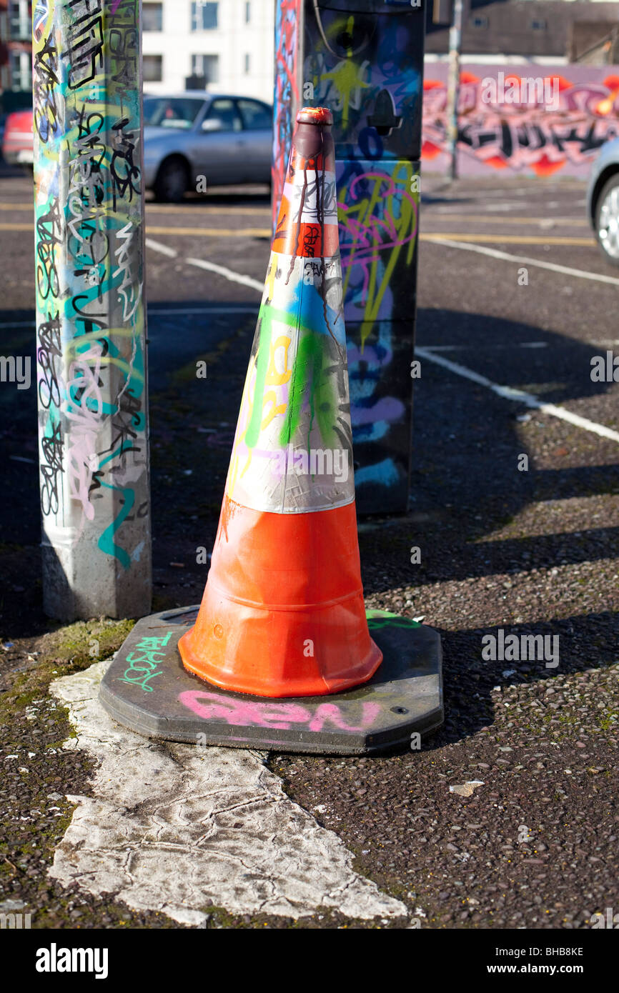 Traffic cone spray painted in a car park in the city Stock Photo Alamy