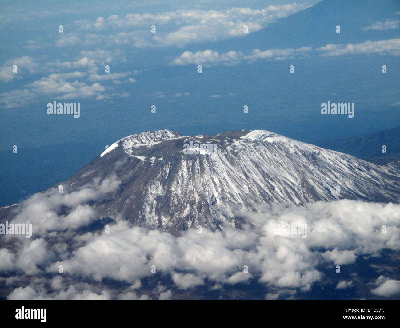 Tanzania, Africa . Aerial view flying over Mont Kilimanjaro Stock Photo