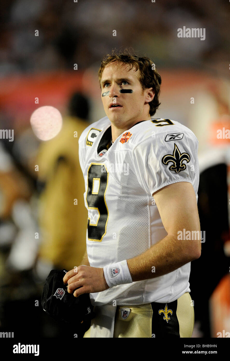 Drew Brees #9 of the New Orleans Saints looks on during a game against the  Indianapolis Colts in Super Bowl XLIV Stock Photo - Alamy