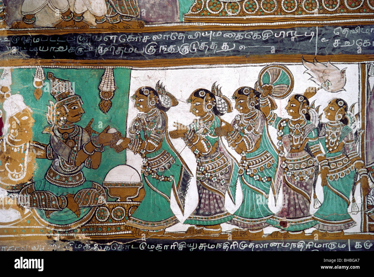 17th century Ramayana paintings in Vishnu temple at Alagar Kovil near Madurai. Stock Photo