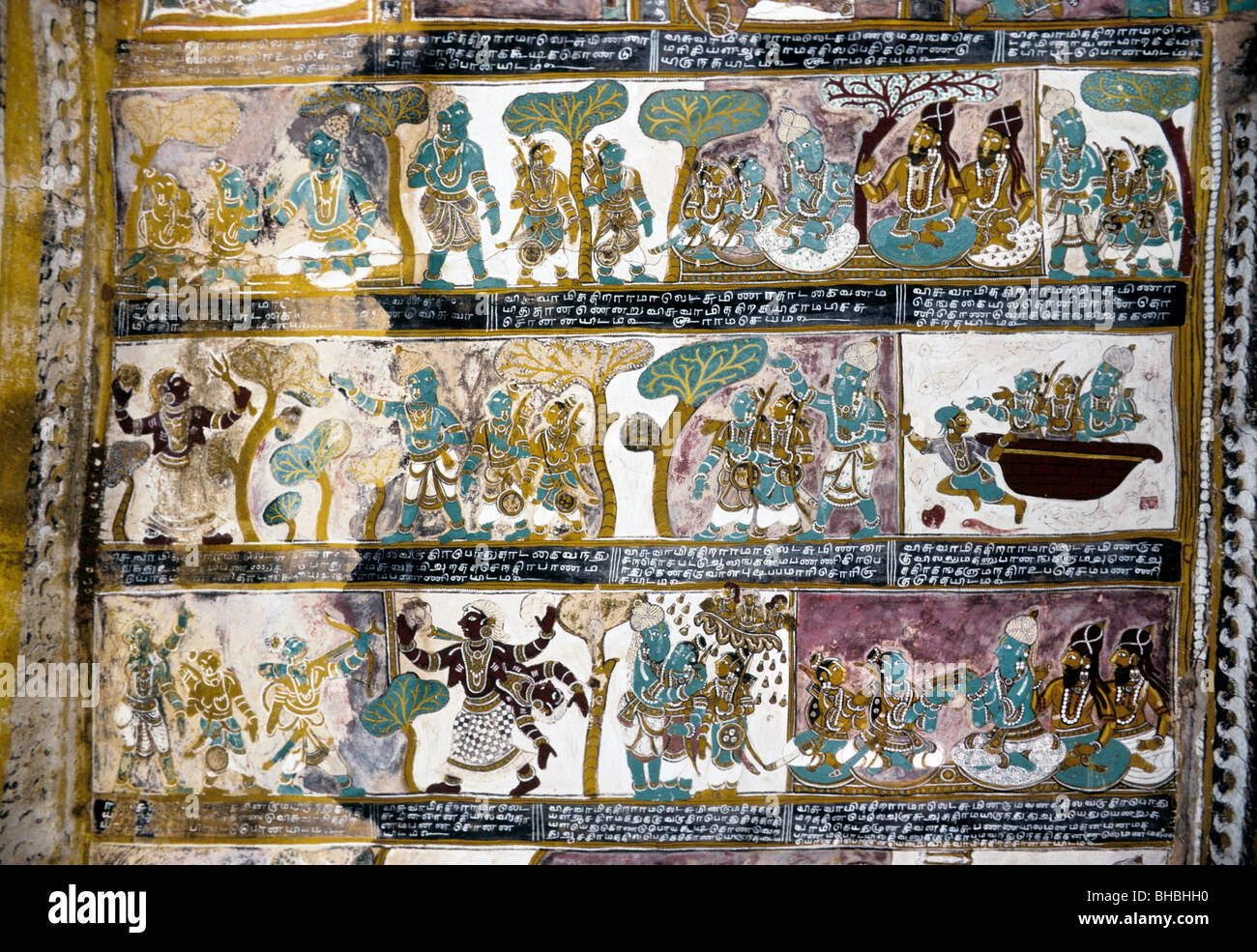 17th century Ramayana paintings in Vishnu temple at Alagar Kovil near Madurai. Stock Photo
