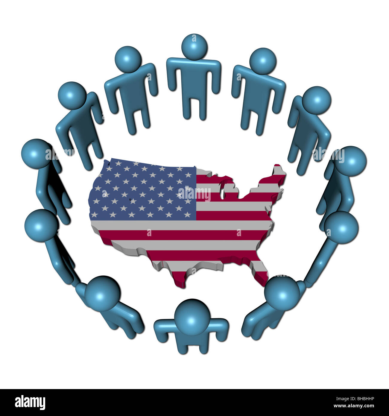 Circle of abstract people around USA map flag illustration Stock Photo