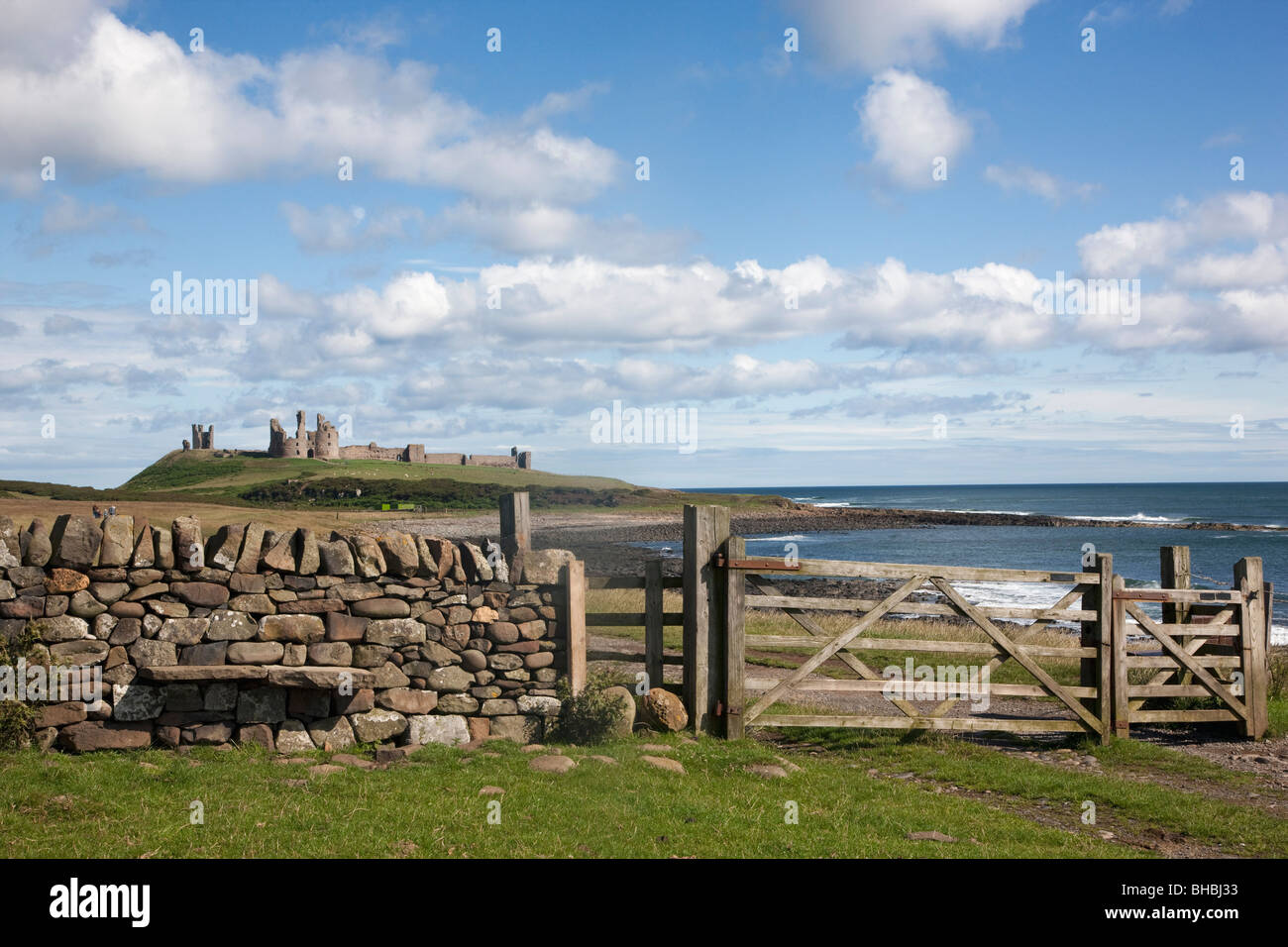 Rural fence with Dunstanburgh Castle, Northumberland, England Stock Photo