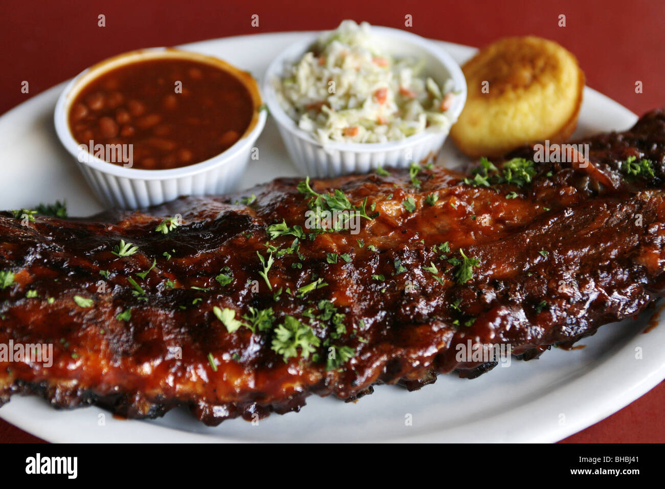 BBQ Rib with Baked Beans & Cole Slaw, B.B. Kings Blues Club, Beale Street, Memphis, Tennessee, USA Stock Photo
