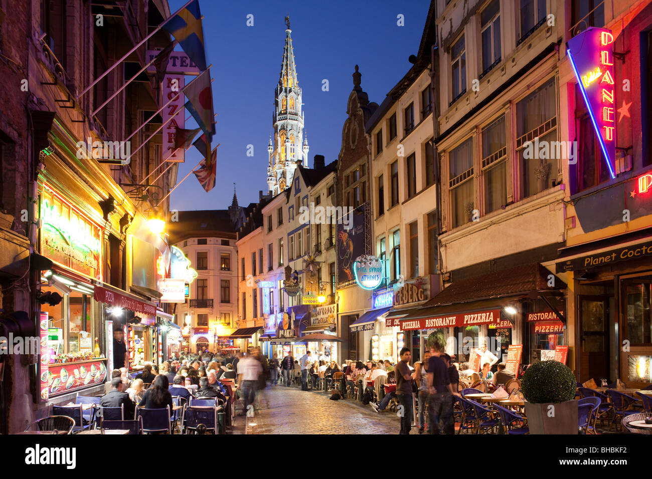 Pavement Cafes viewed at dusk, Brussels Belgium Stock Photo