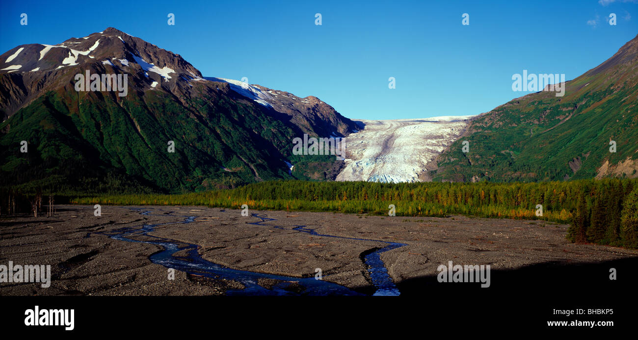 Exit Glacier photographed in the fall. Exit Glacier flows down from the harding Icefield in the Kenai Fjord National Park Alaska Stock Photo