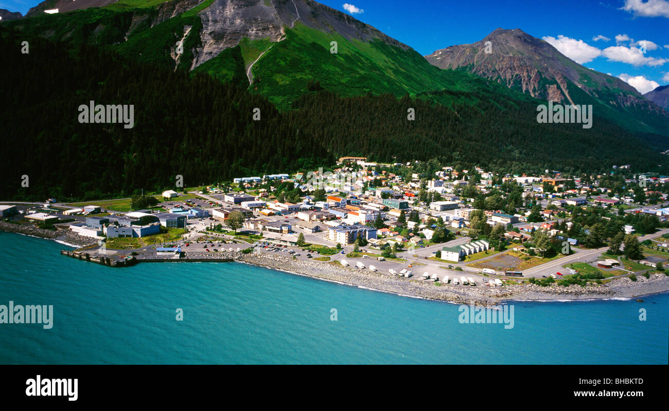 Seward Alaska, an aerial photo of this coastal community in South Stock