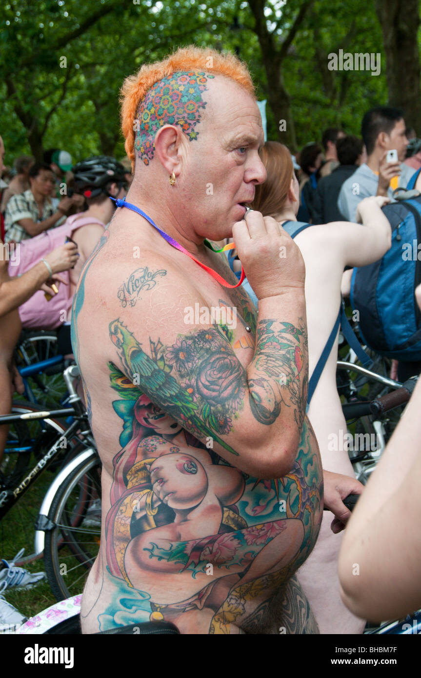 World Naked Bike RIde London June 2009. Heavily tattooed man