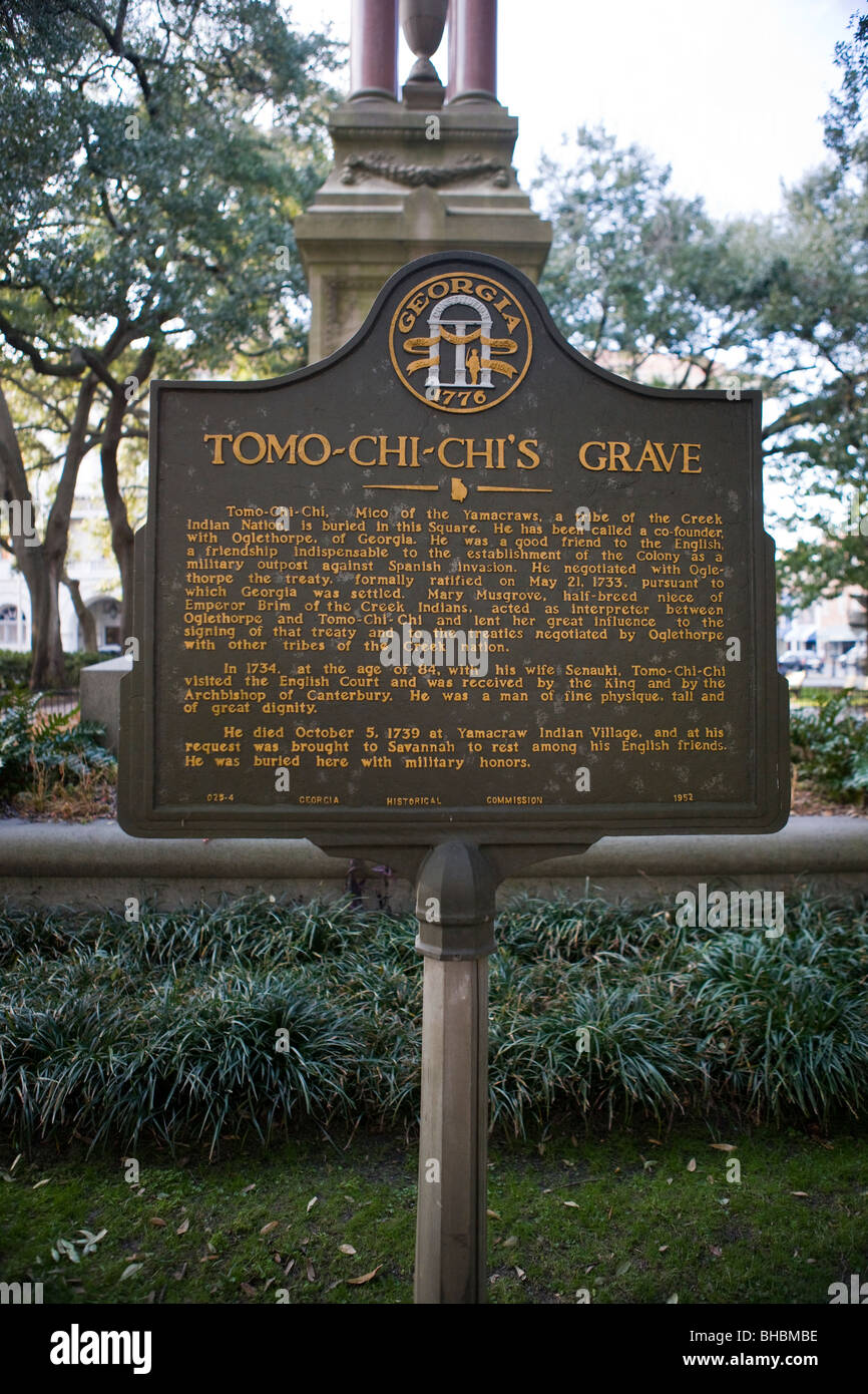 Tomo-Chi-Chi, tribe of Creek Indian Nation, is buried in this Square. He has been called a co-founder of Georgia Stock Photo