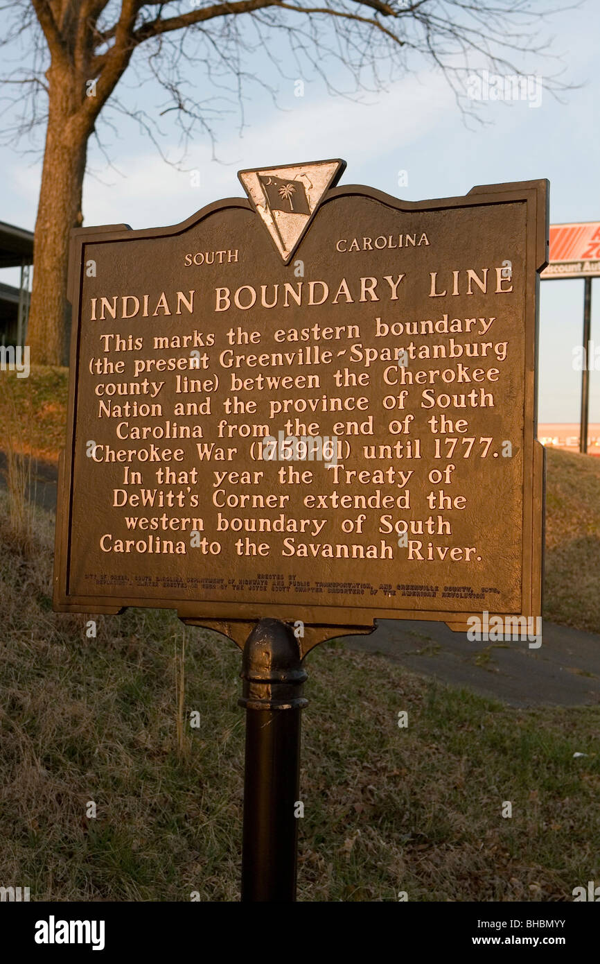 This marks the eastern boundary between the Cherokee Nation and the Province of South Carolina from the end of the Cherokee War Stock Photo