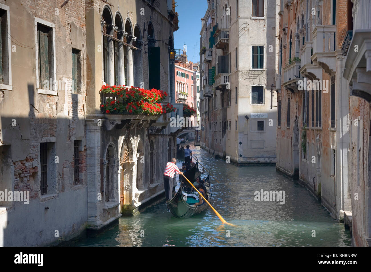 Venice, Veneto, Italy. Gondolas on the Rio di San Luca near Campo Manin. Stock Photo