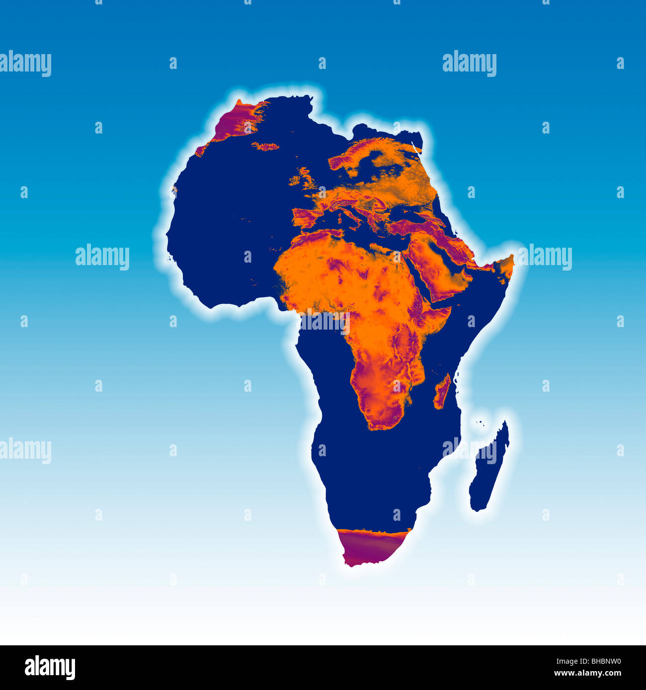 Map of Africa with a burnt image of Africa and Europe overlaid. Conceptual image representing global warming and desertification Stock Photo