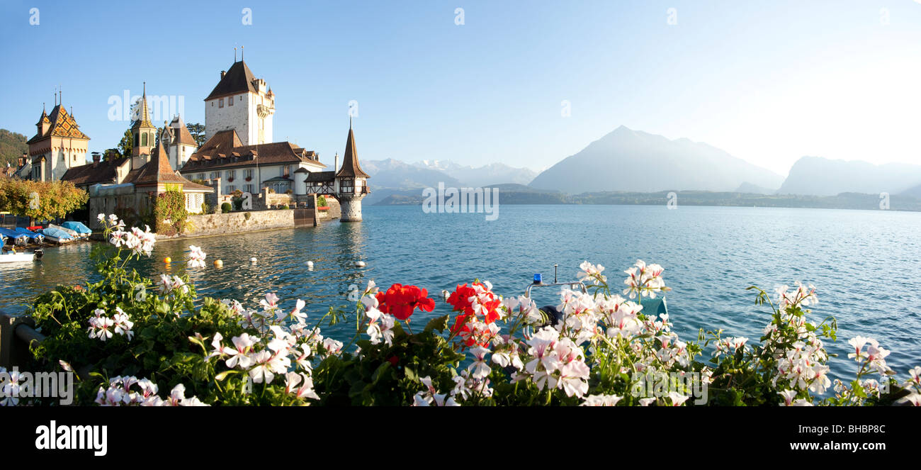 'Oberhoffen Castle' on Lake Thun Switzerland Stock Photo