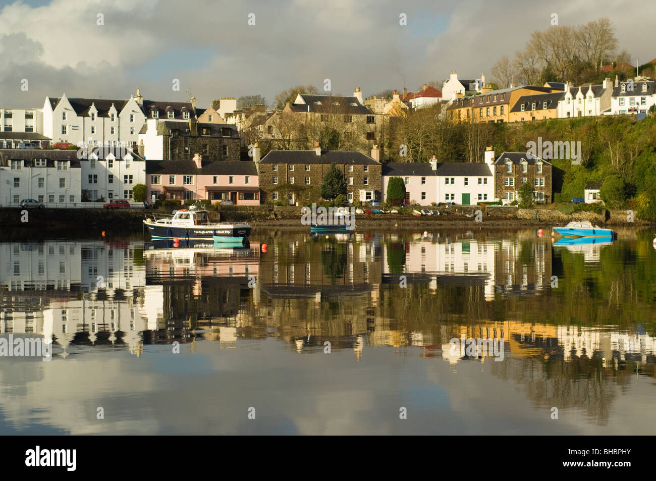 Portree harbour, viewed from the sea, Isle of Skye. Stock Photo
