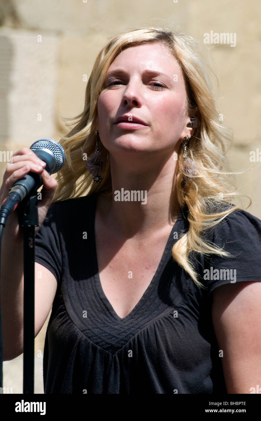 Singer busking at the Salamanca Market, Hobart, Tasmania, Australia Stock Photo