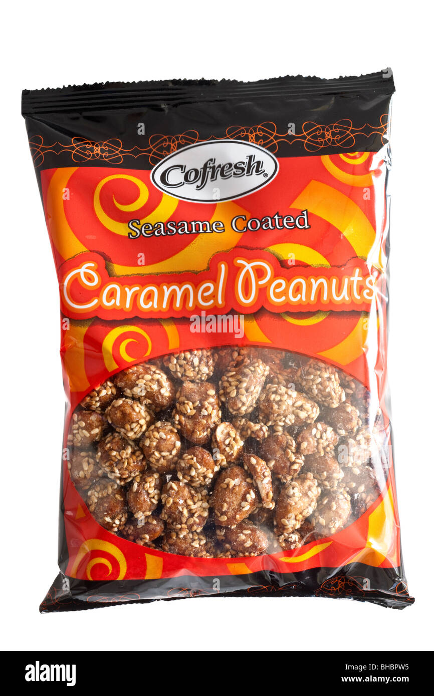 Bag of Cofresh Sesame coated caramel peanuts Stock Photo