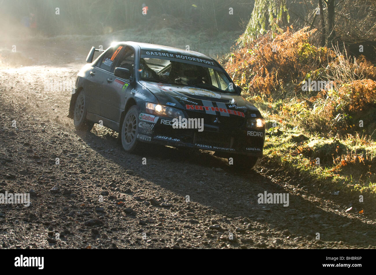 Mitsubishi Evo in the sun on Wales Rally GB 2008 Stock Photo