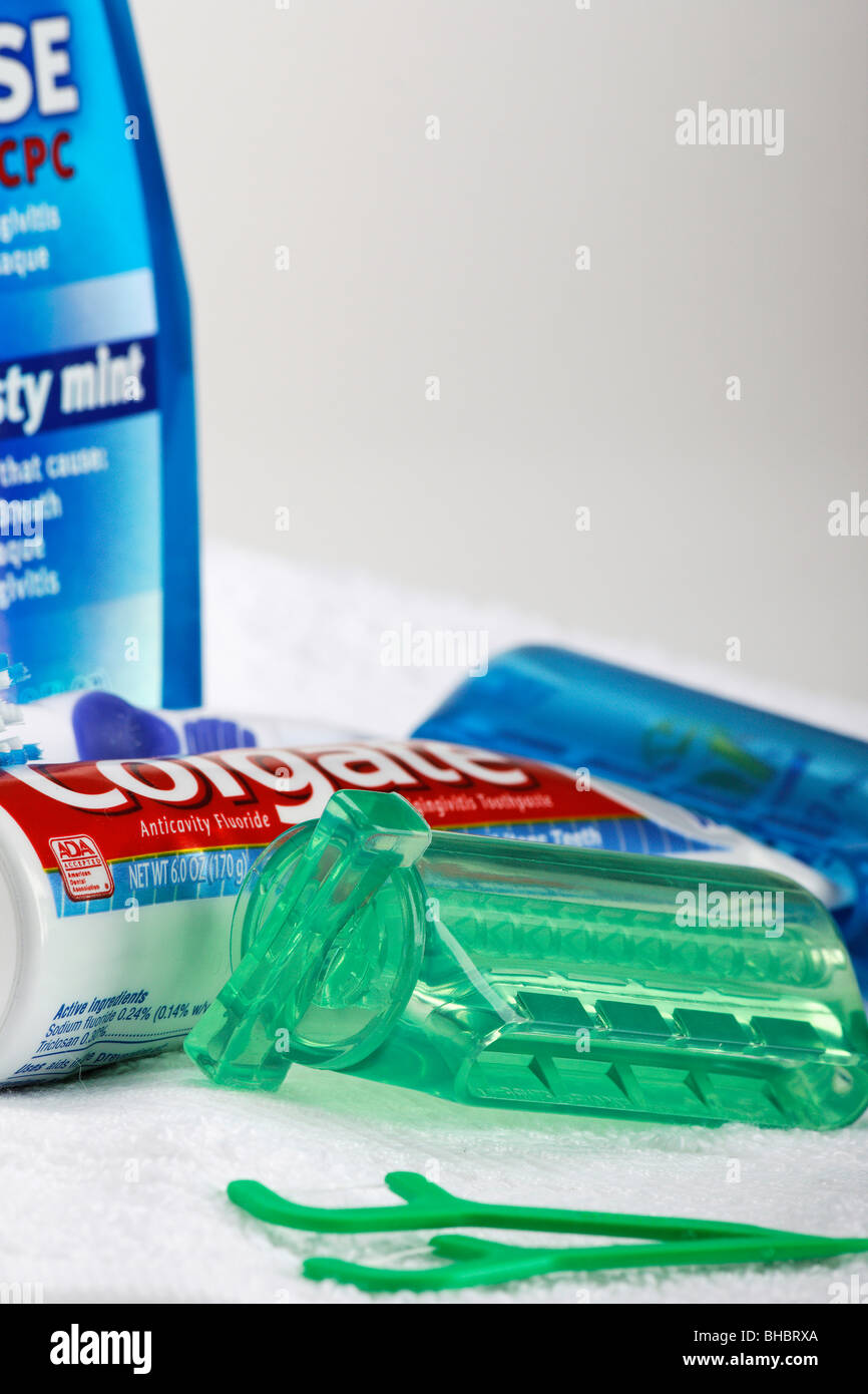 Toothpaste and Squeezer saver mouthwash floss from above cut out cutout close up closeup studio nobody no people Stock Photo