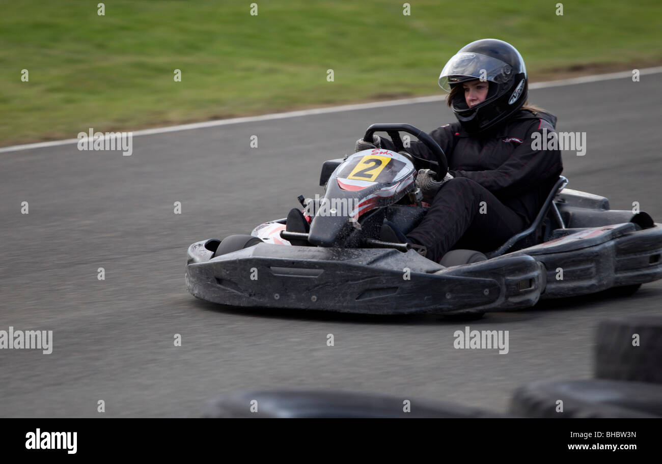Kart racing at Raceland karting centre near Edinburgh Scotland - popular with families and with groups from work Stock Photo