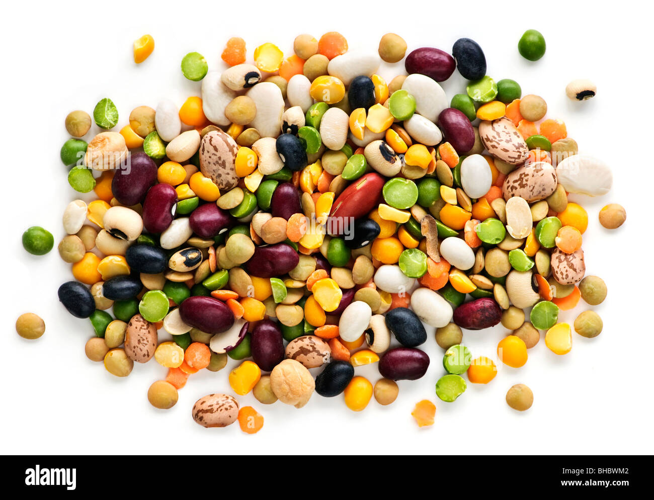 Mixture of dry beans and peas isolated on white background Stock Photo