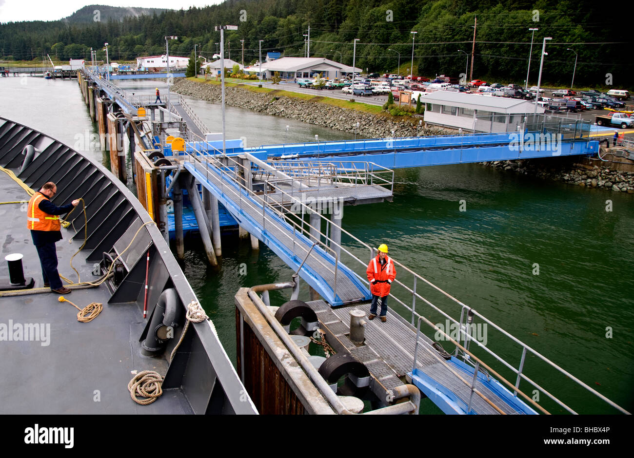 The Alaska Marine Highway System (AMHS) ferry Taku pulls into Ferry Terminal Two In Juneau, Alaska Stock Photo