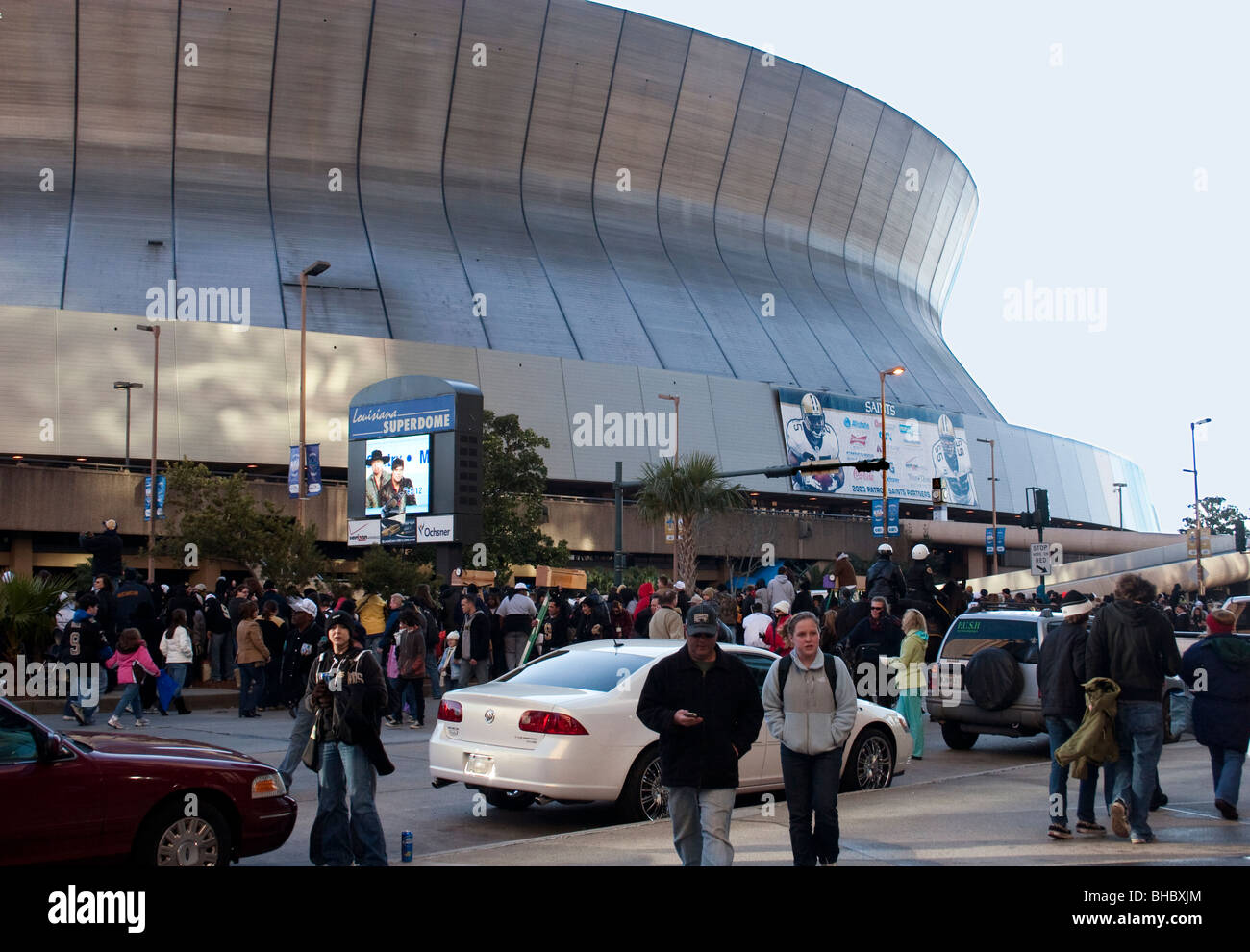 Saints fans milling about the Superdome before the Super Bowl XLIV Champions parade.  New Orleans, Feb. 9, 2010. Stock Photo