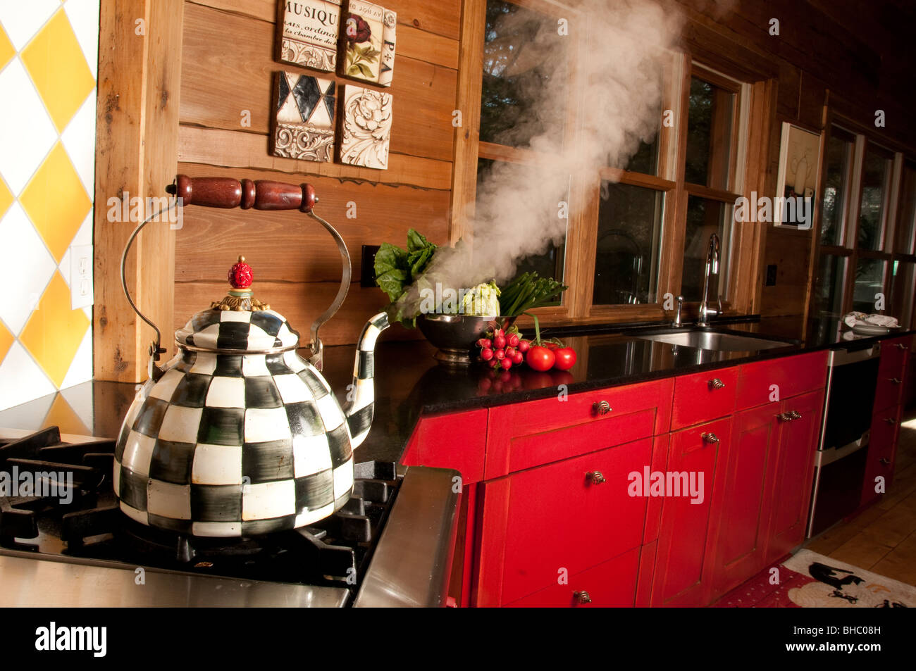 cozy kitchen with red counters and colorful teapot spouting steam with