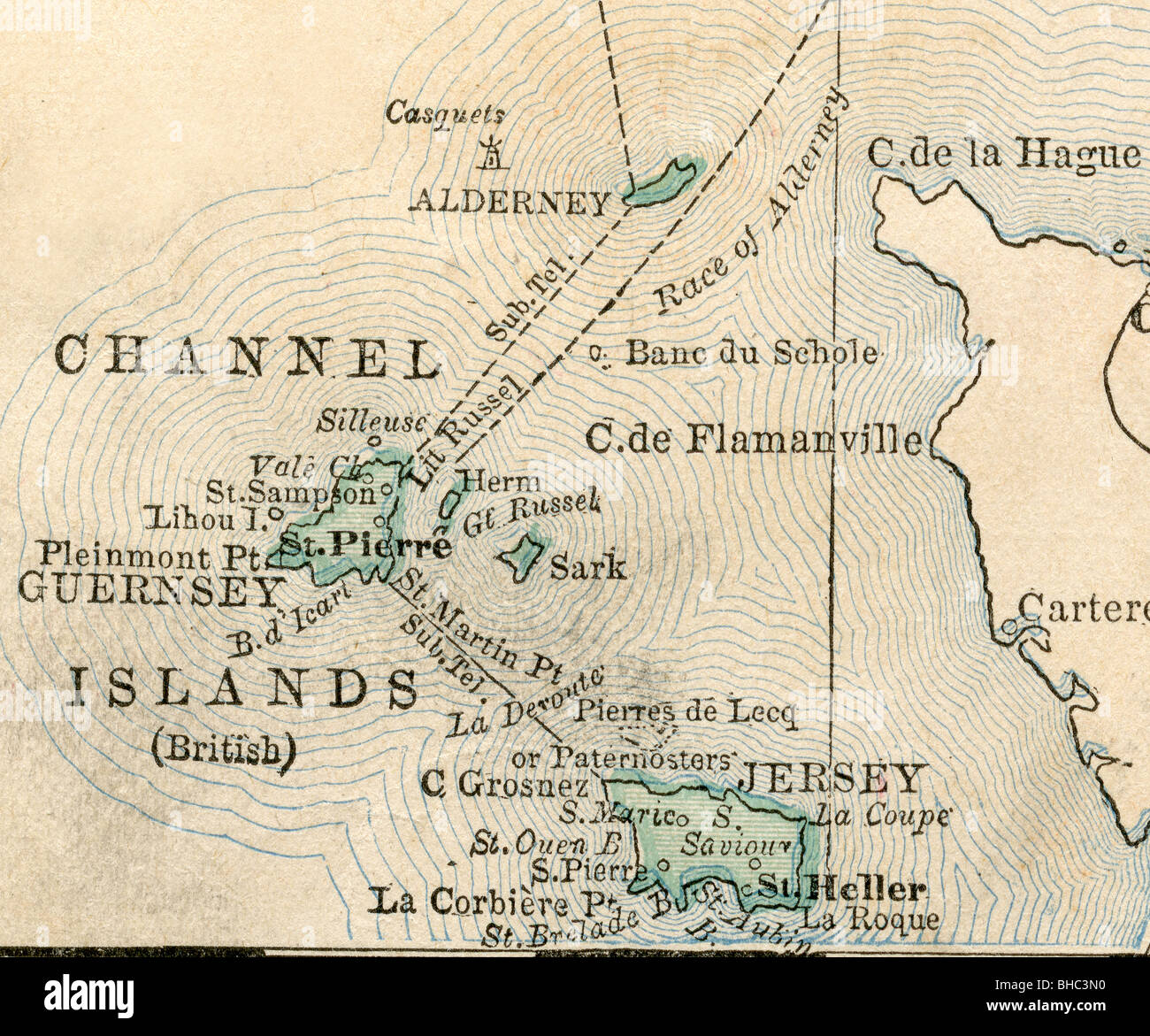 Original old map of Channel Islands from 1884 geography textbook Stock Photo