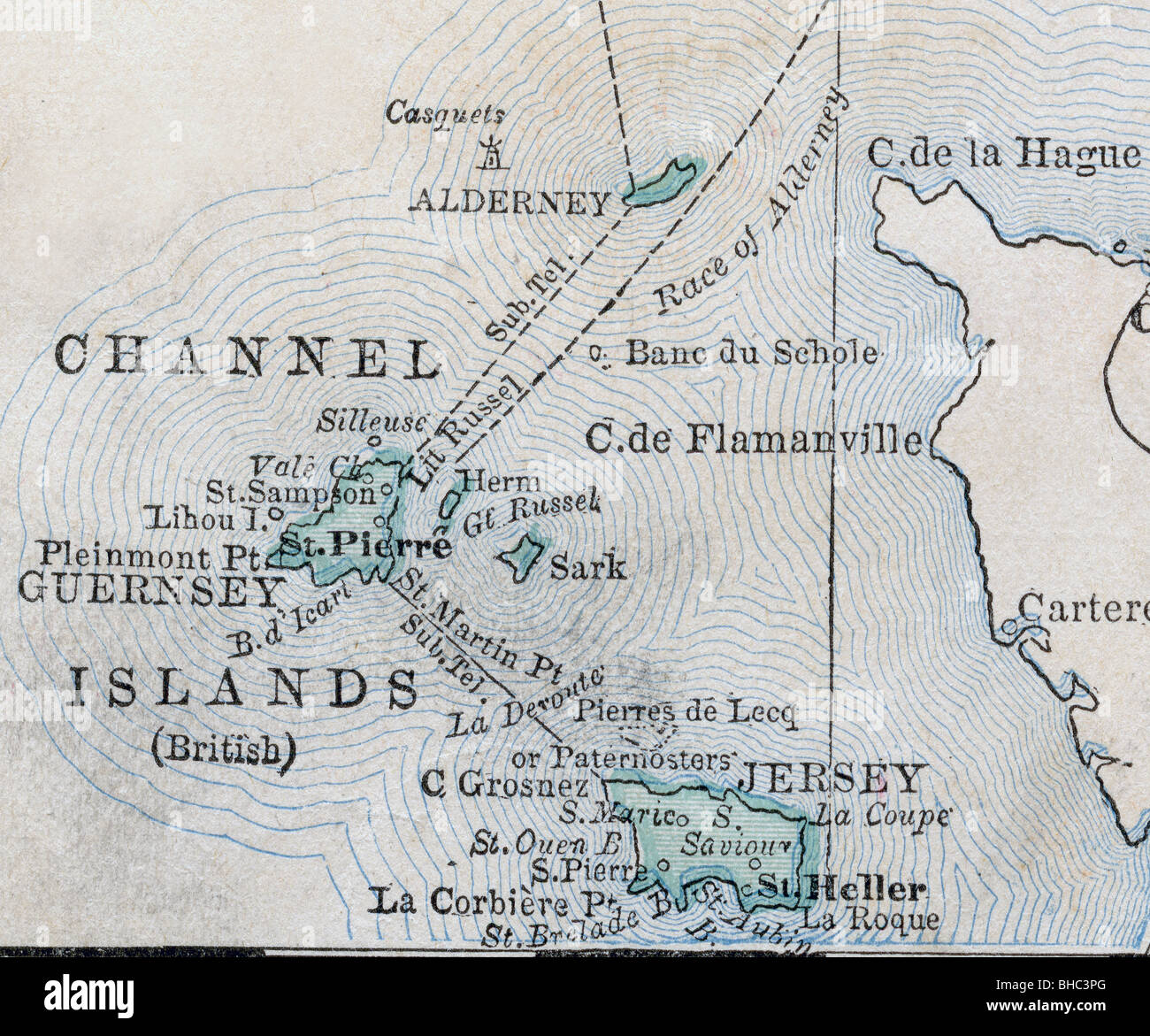 Original old map of Channel Islands from 1884 geography textbook Stock Photo