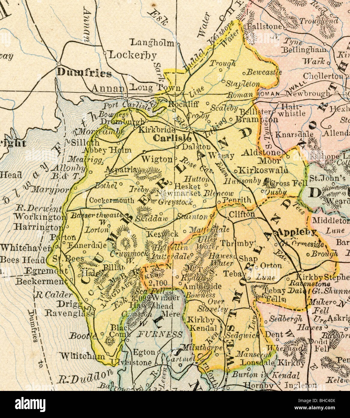 Original old map of Cumberland and Westmorland from 1884 geography