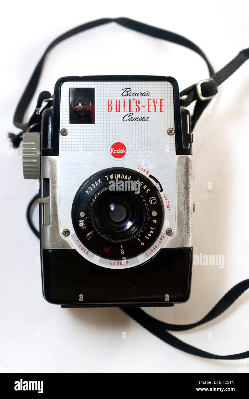 A Kodak Brownie Bulls-Eye camera dating from the 1950's. The camera uses the now discontinued 620 size film. Stock Photo