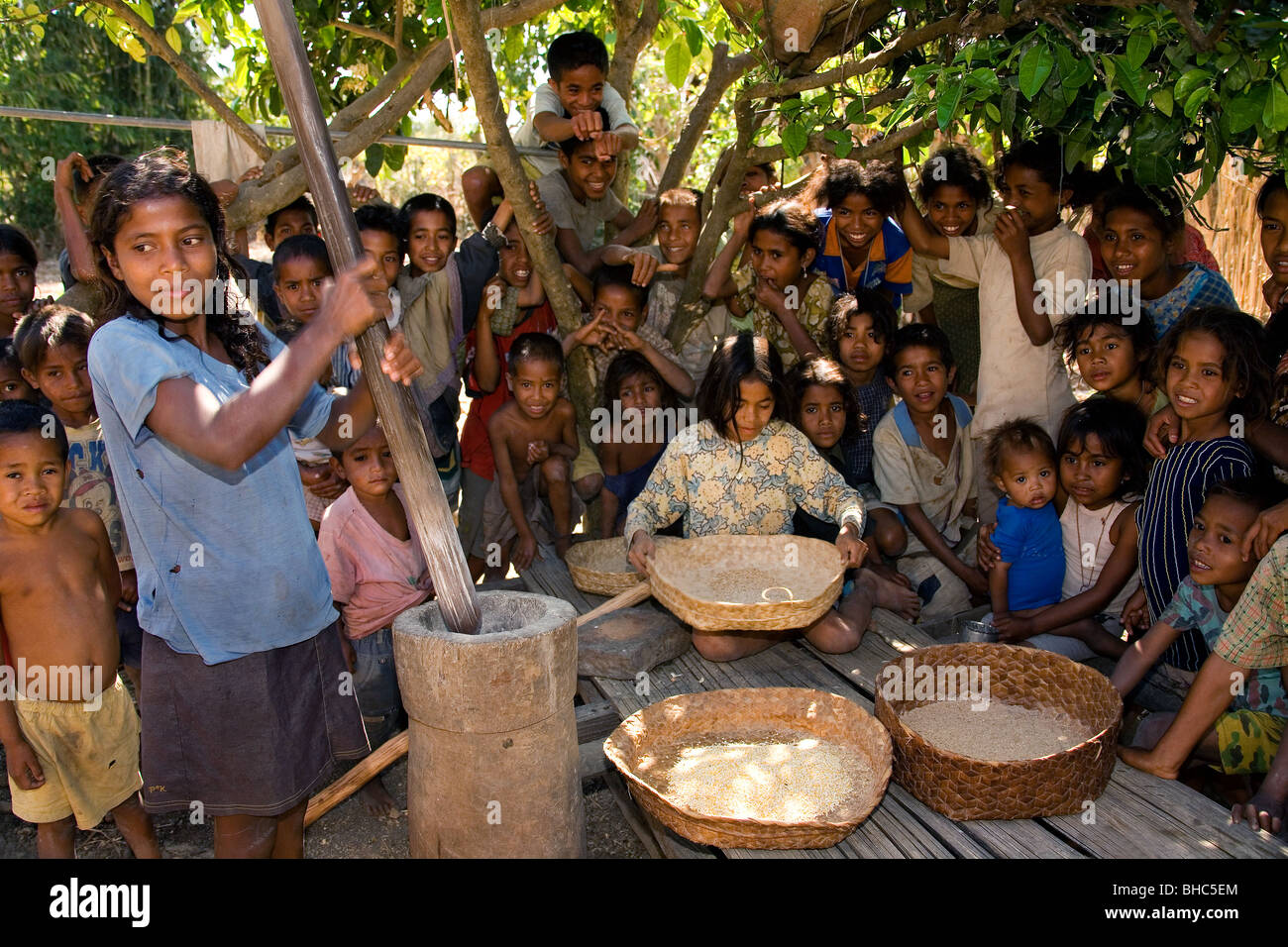 Children learning to prepare food in nutrition promotion program with rice and maize at remote Beululik Kraik village EastTimor Stock Photo